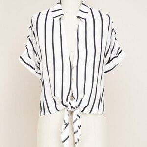 Navy White Stripe Button Down Up Knot Crop Top Sm